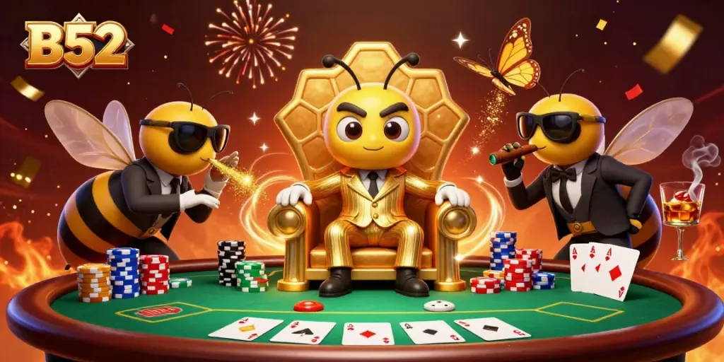 Experience the thrill of B52 with a bumblebee mob boss presiding over a lively poker scene.