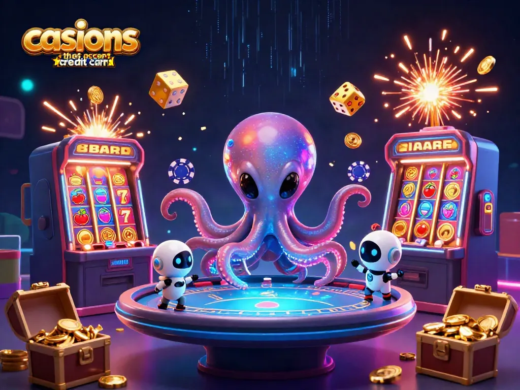 Exciting illustration of casinos that accept credit card, featuring an alien octopus with poker elements.