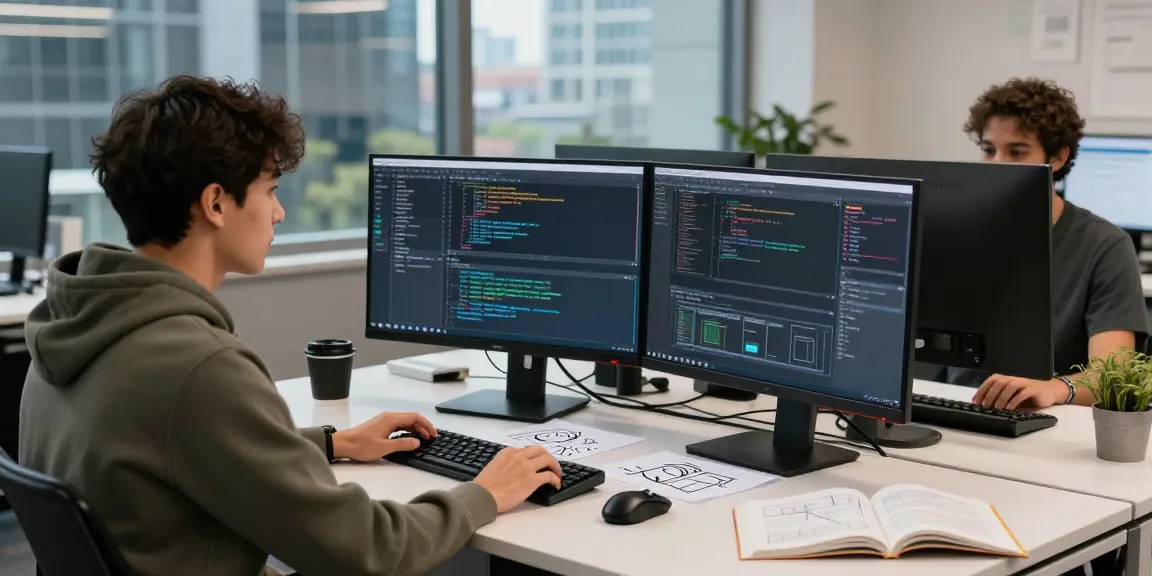 Software engineer coding in a vibrant tech workspace, showcasing bro138's innovative programming strategies.