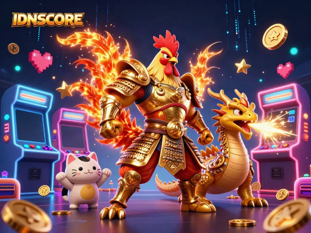Experience the thrill of IDNSCORE with a dynamic 3D scene featuring a rooster warrior and dragon hatchling.