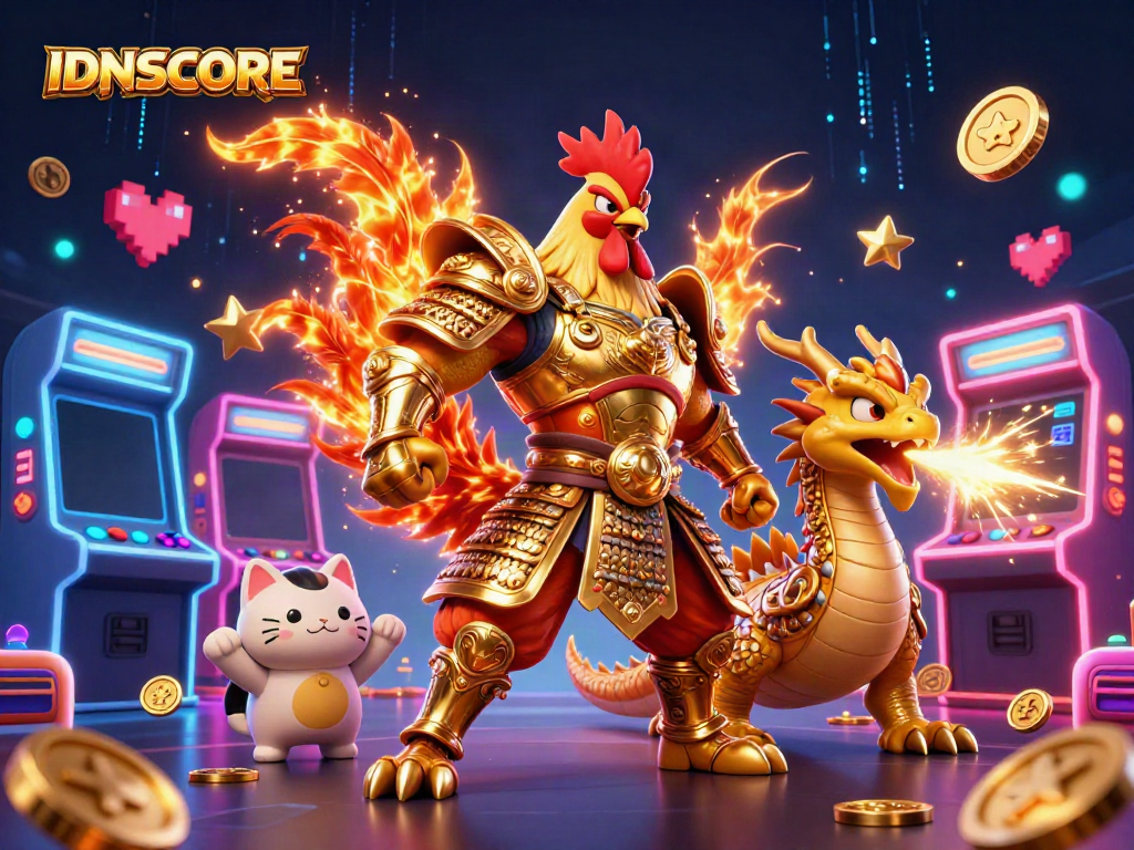 Experience the thrill of IDNSCORE with a dynamic 3D scene featuring a rooster warrior and dragon hatchling.