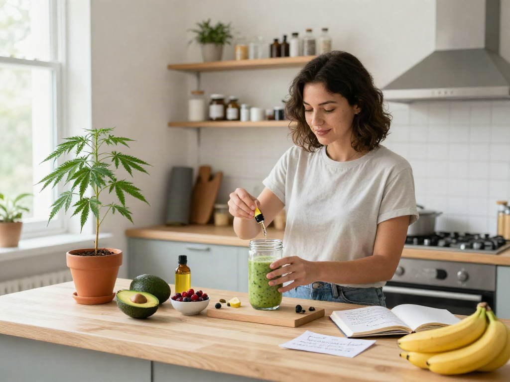Engaging morning routine featuring an online dispensary that ships to all states, with a person preparing a CBD-infused smoothie and using high-quality hemp oil in a bright kitchen.