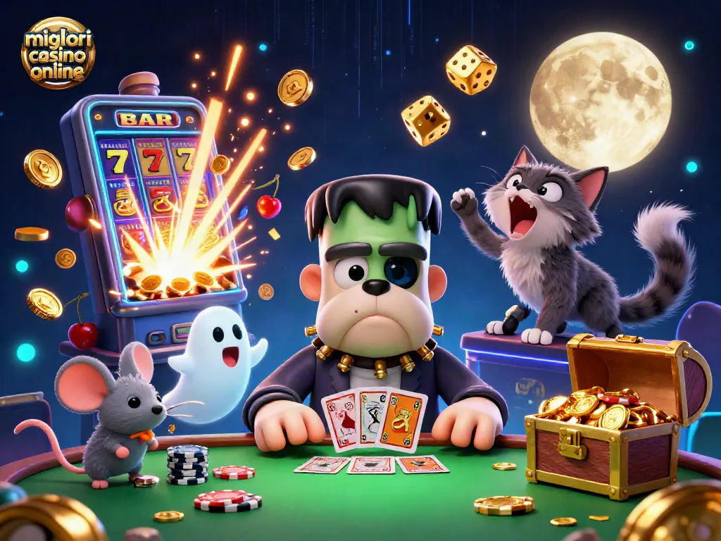 Giocatori nei migliori casino online affrontano il tavolo con azione entusiasta e premi scintillanti.
