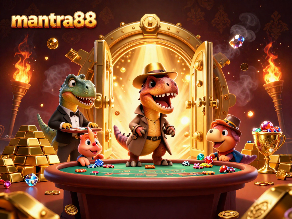Enjoy thrilling gameplay at mantra88 with a 3D cartoon velociraptor card counter sneaking at a blackjack table.