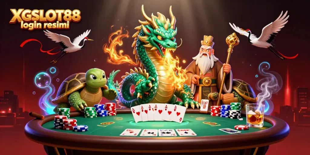 Rasakan keseruan dengan XGSLOT88 login resmi, ilustrasi 3D kasino penuh warna yang menampilkan naga hijau dan sage bijak.