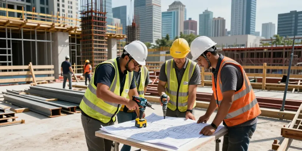 Workers at the PATCO construction company collaborating on a bustling construction site.