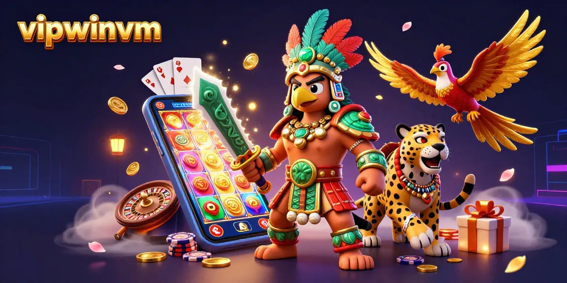 Experience the excitement with vipwinvm through vibrant slot games and dynamic characters in an action-packed scene.