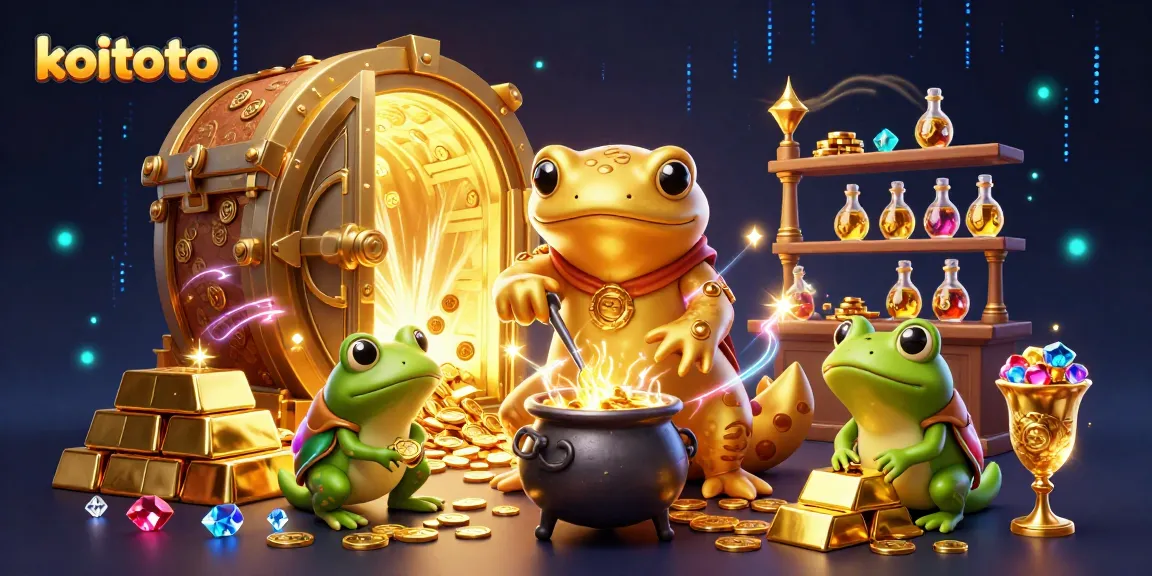 Koitoto offers a vibrant casino experience with engaging characters and gold treasures in this dynamic illustration.