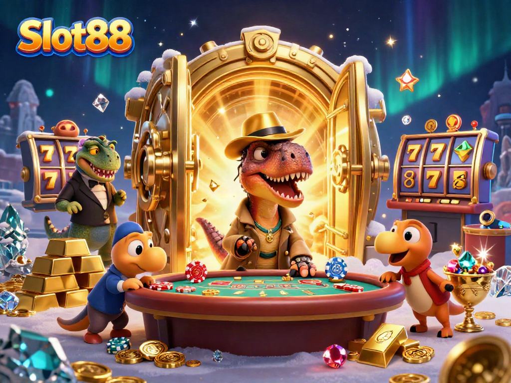 Engage with Slot88's thrilling 3D cartoon scene featuring a velociraptor at blackjack surrounded by treasures.