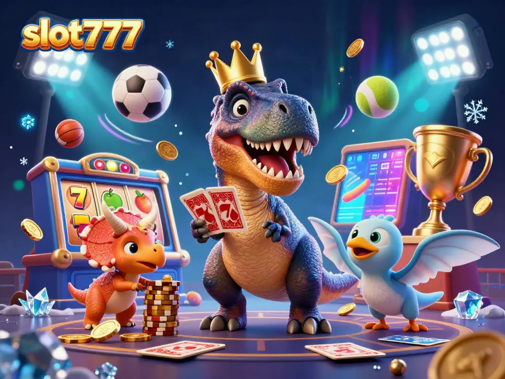 Experience slot777 with a playful T-Rex, pterodactyl assistant, and triceratops stacking chips in vibrant casino scene.