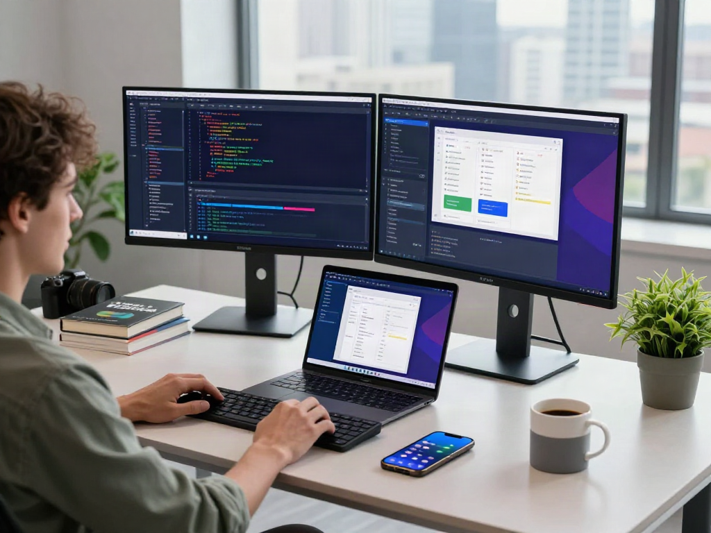 L'espace de travail moderne d'un développeur utilisant Atlas pro ontv pour coder dans un bureau avec des plantes.