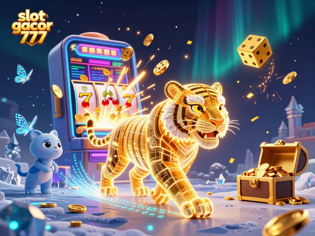 Engage in thrilling moments with slot gacor 777 as vibrant symbols, coins, and characters fill an enchanting casino scene.