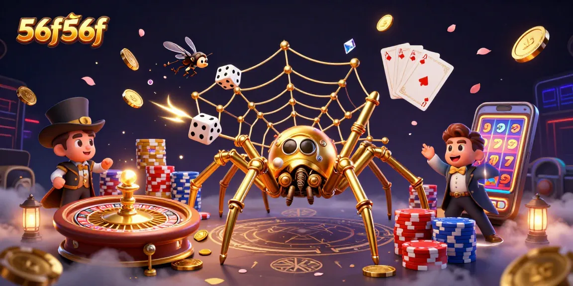 Catch golden winnings at 56f56f with a steampunk spider and vibrant casino elements.