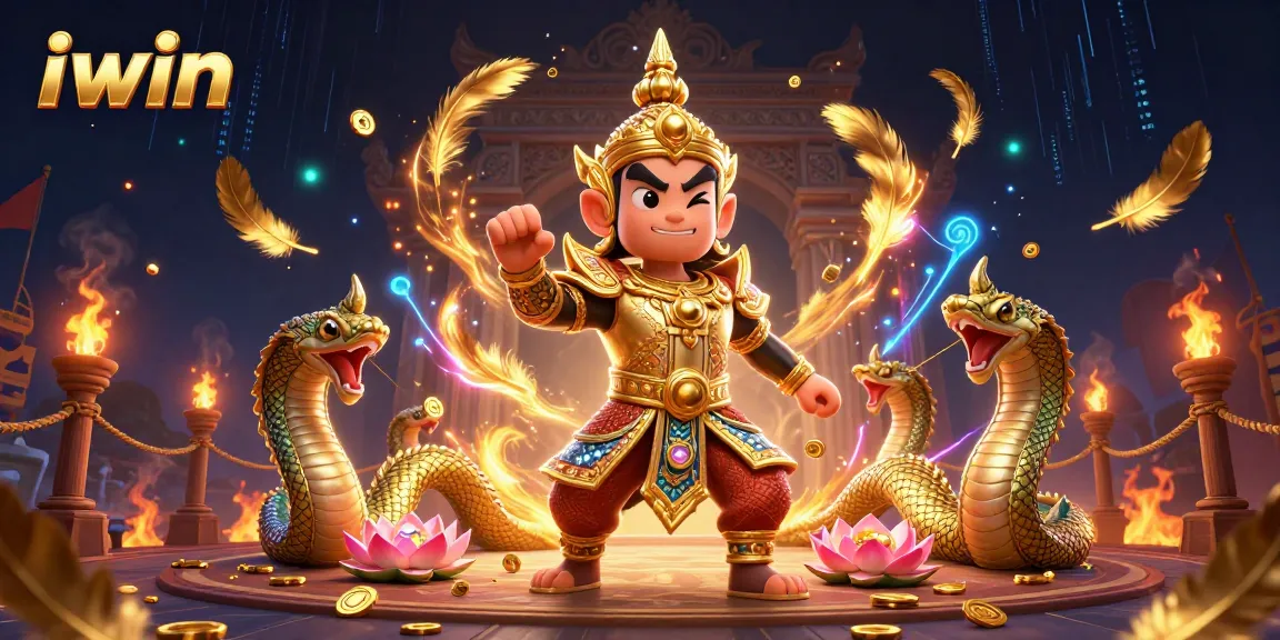Join the action with iwin's stunning temple guardian and Naga allies, embodying excitement in a lively casino scene.