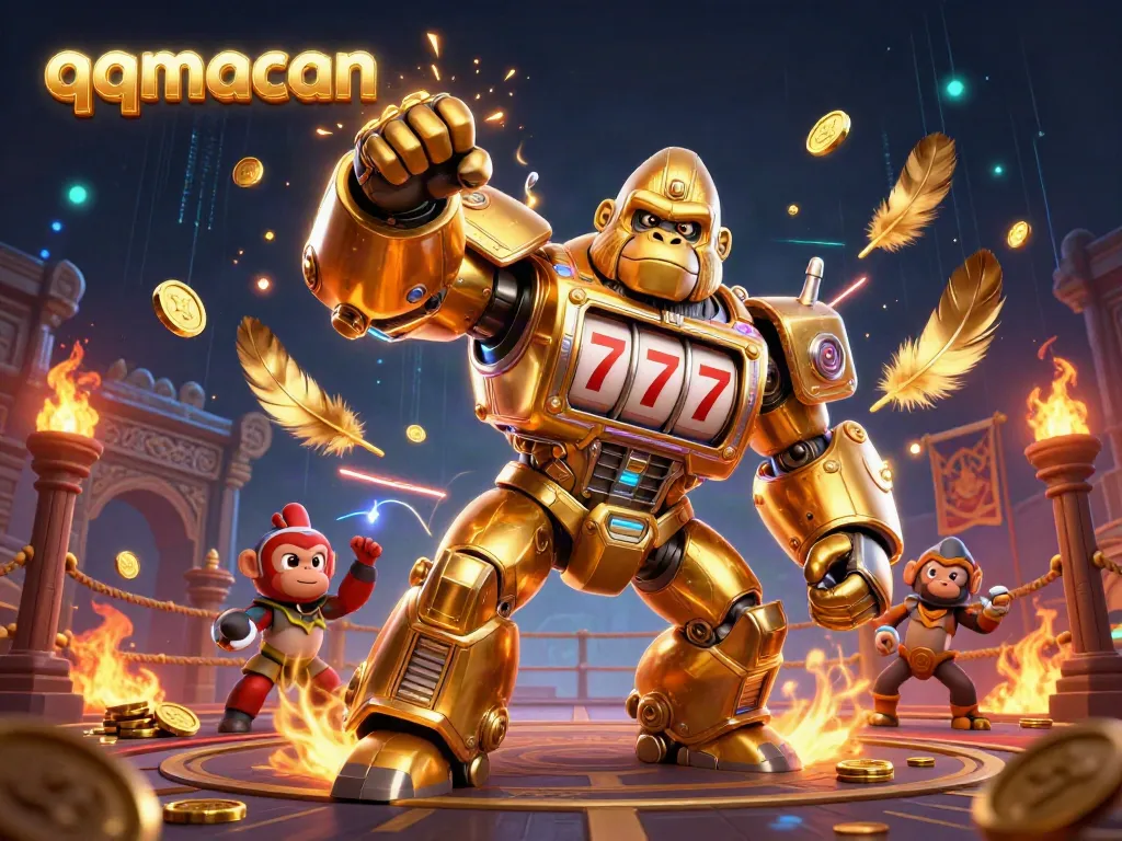 Experience thrilling wins with qqmacan as the golden gorilla mech engages in an epic casino battle.