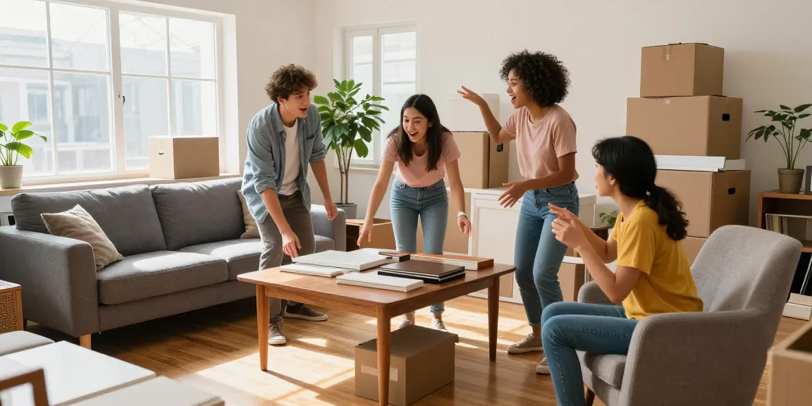 Buying used furniture in Riyadh: family discussing home items in a bright living room.