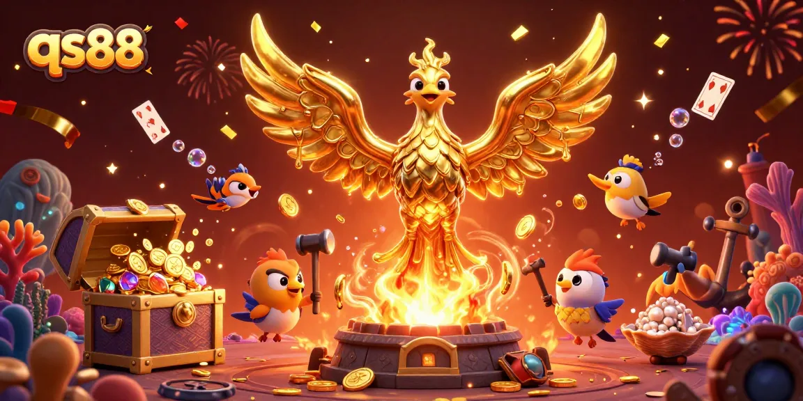 Experience the thrilling moment of qs88's golden phoenix in a vibrant 3D casino scene bursting with gems and treasure.