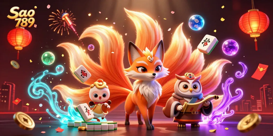 Sao 789 features a vibrant scene with a nine-tailed fox spirit and wise owl sage amidst colorful gaming elements, celebrating online gambling.