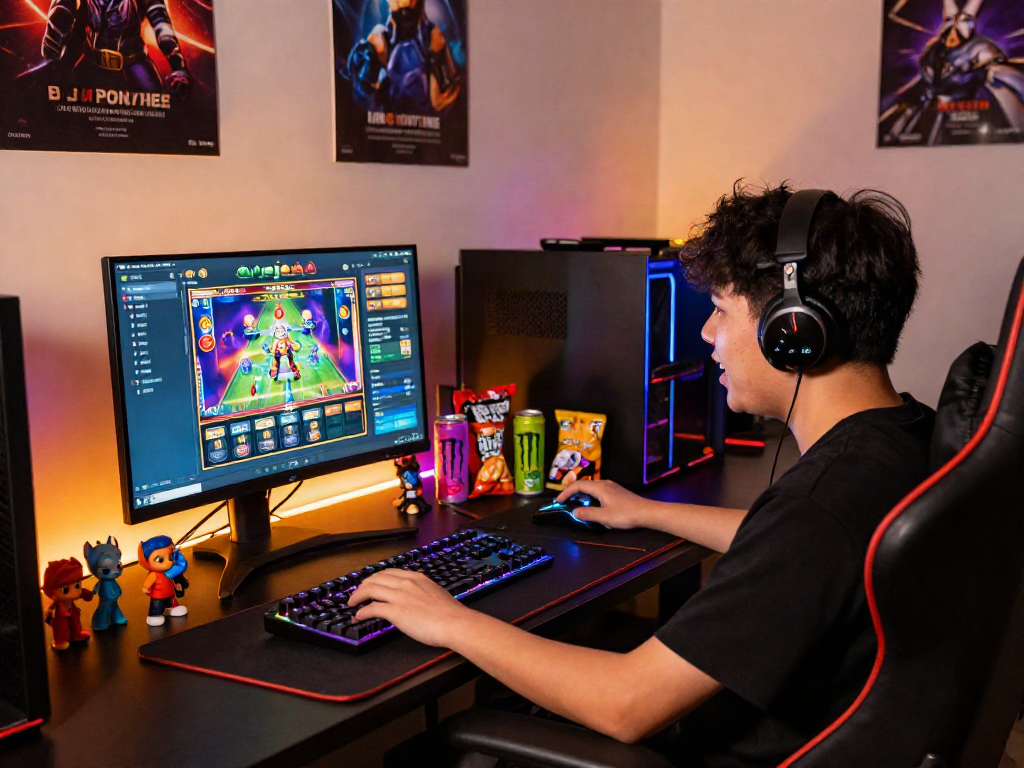 Situs slot gacor maxwin gaming setup with player focused on vibrant slot game interface, surrounded by colorful gaming accessories.