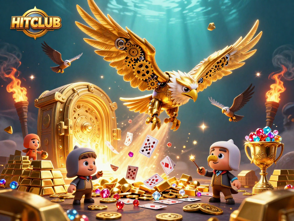 Experience HITCLUB's thrilling adventures with a cybernetic eagle and treasures amidst holographic cards.