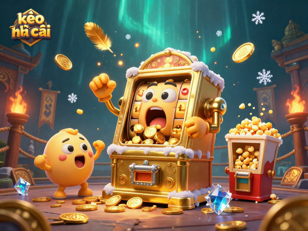kèo nhà cái slot machine celebrates jackpot victory amidst coins and excitement in vibrant 3D scene