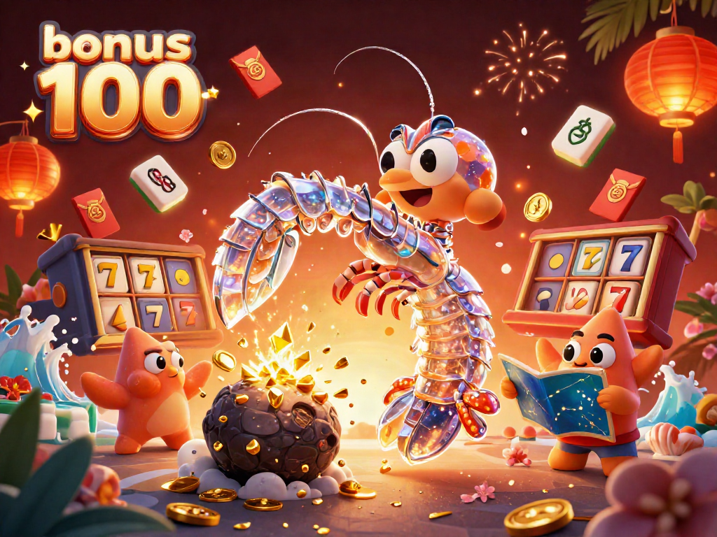 Experience the thrilling bonus new member 100 with an engaging 3D casino scene emphasizing vibrant slot action.