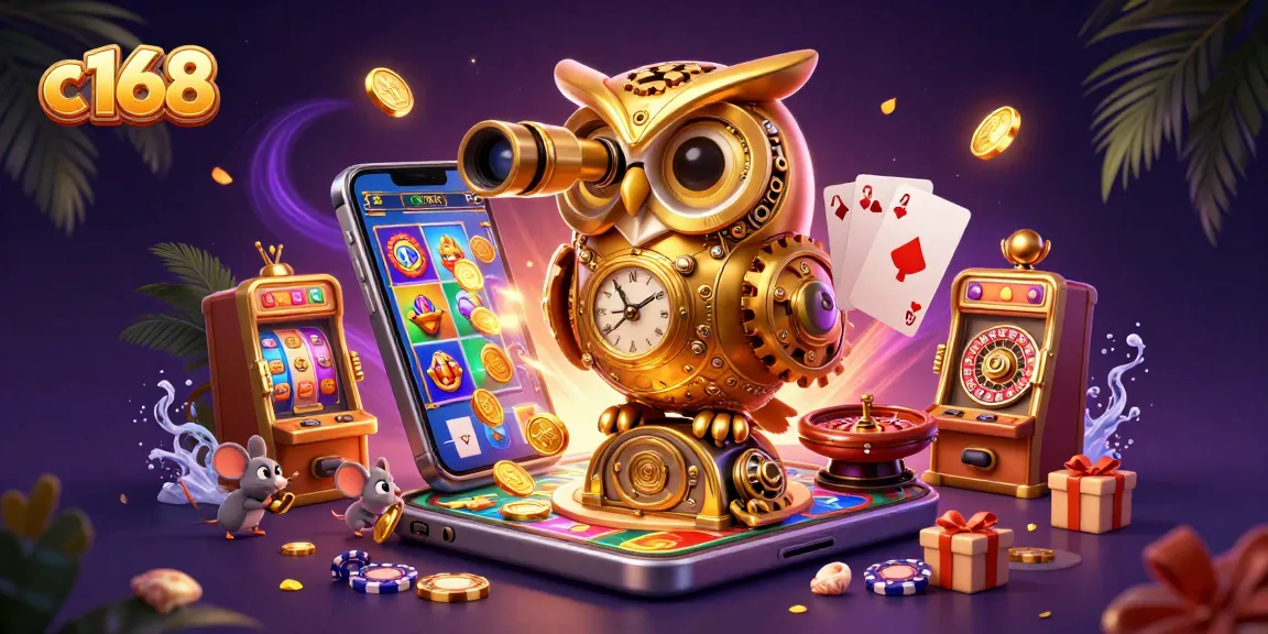 C168 showcases a captivating casino scene with a golden owl, wind-up mice, and vibrant slot game elements.