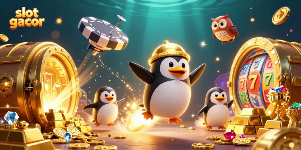 Experience the thrill of slot gacor with a golden penguin blasting through a vibrant casino scene.