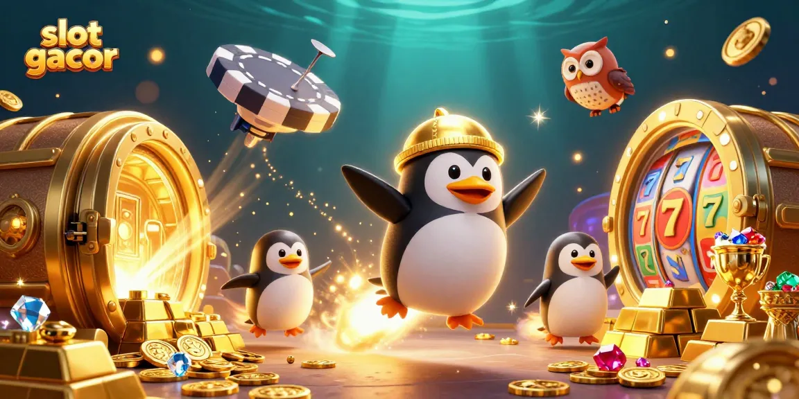 Experience the thrill of slot gacor with a golden penguin blasting through a vibrant casino scene.