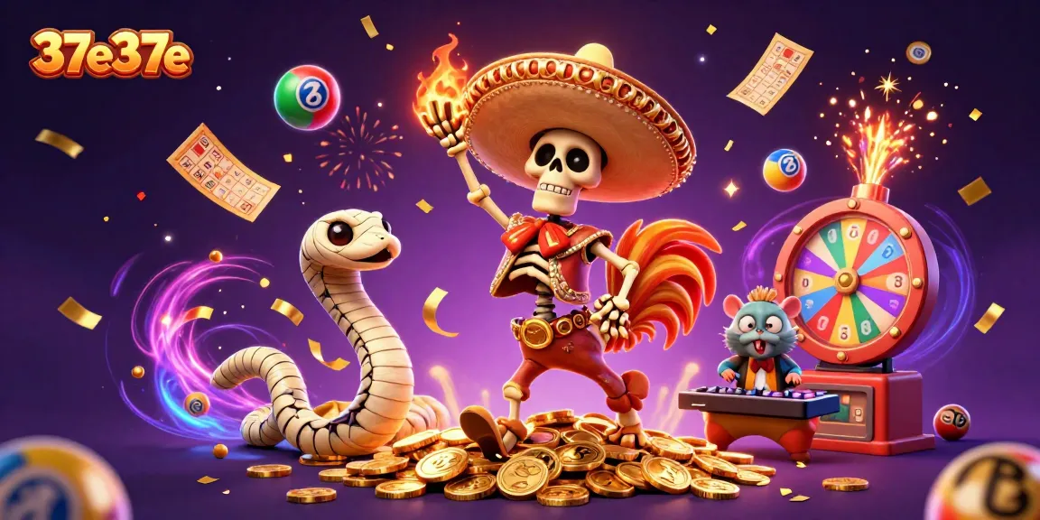 Jogue e ganhe com 37e37e! Animação com um galo dançarino, bolas de loteria e efeitos festivos.