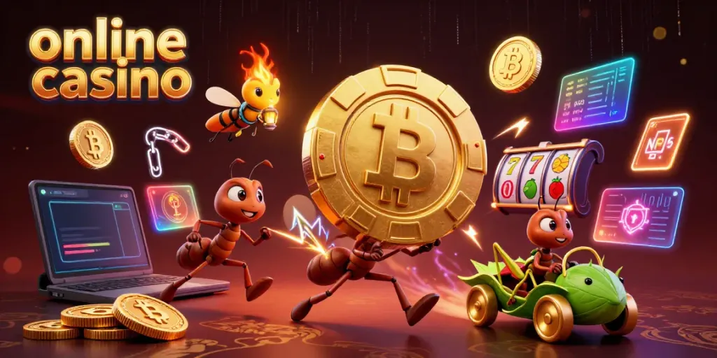 Join the heist in this vibrant online casino scene with ants, poker chips, and crypto elements.