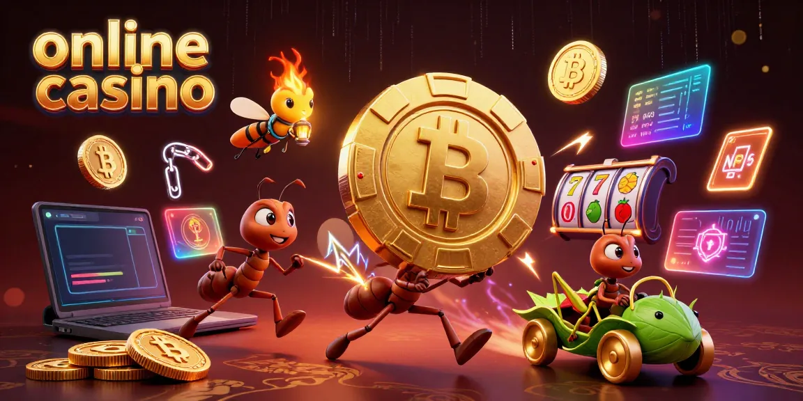 Join the heist in this vibrant online casino scene with ants, poker chips, and crypto elements.