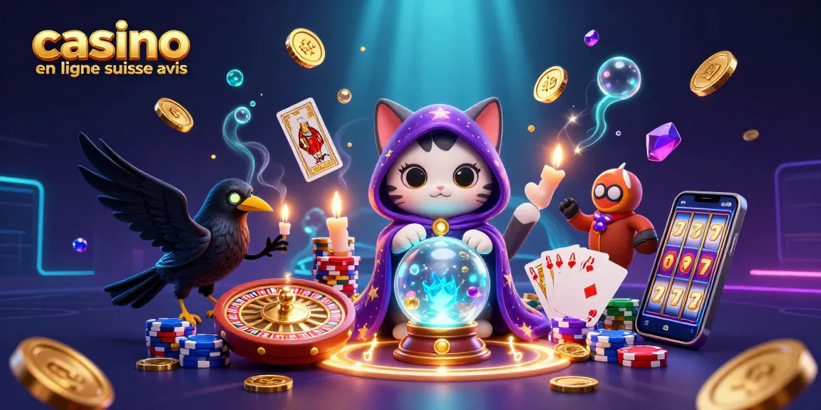 Illustration dynamique représentant le "casino en ligne suisse avis" avec un chat mystique et des éléments de jeu captivants.