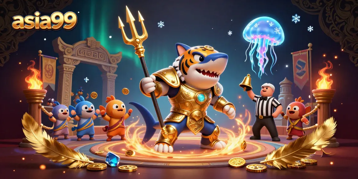 Experience thrilling gameplay at asia99 with a fierce gladiator shark and vibrant casino elements.