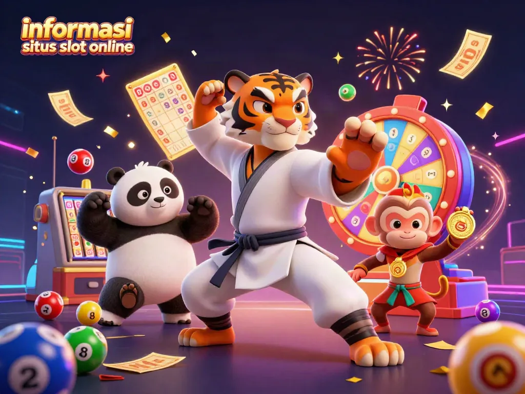 Gambaran 3D informasi situs slot online dengan karakter dan elemen kasino yang menarik.