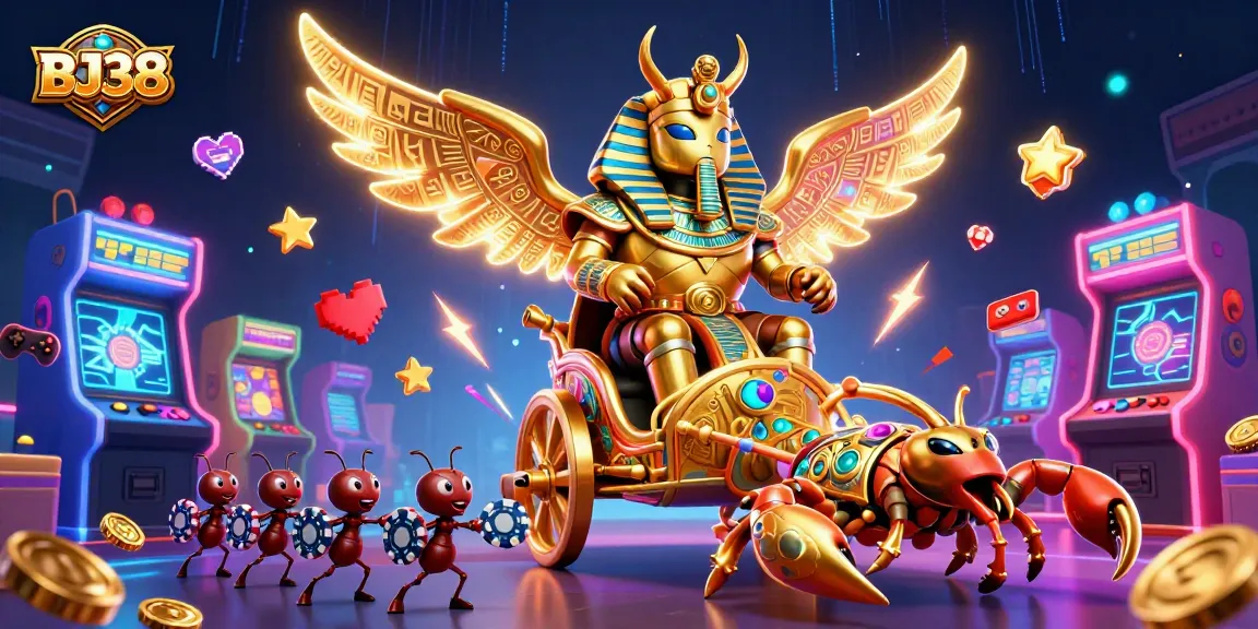 Experience thrilling gameplay with BJ38 in a vibrant casino setting featuring unique characters and gaming elements.