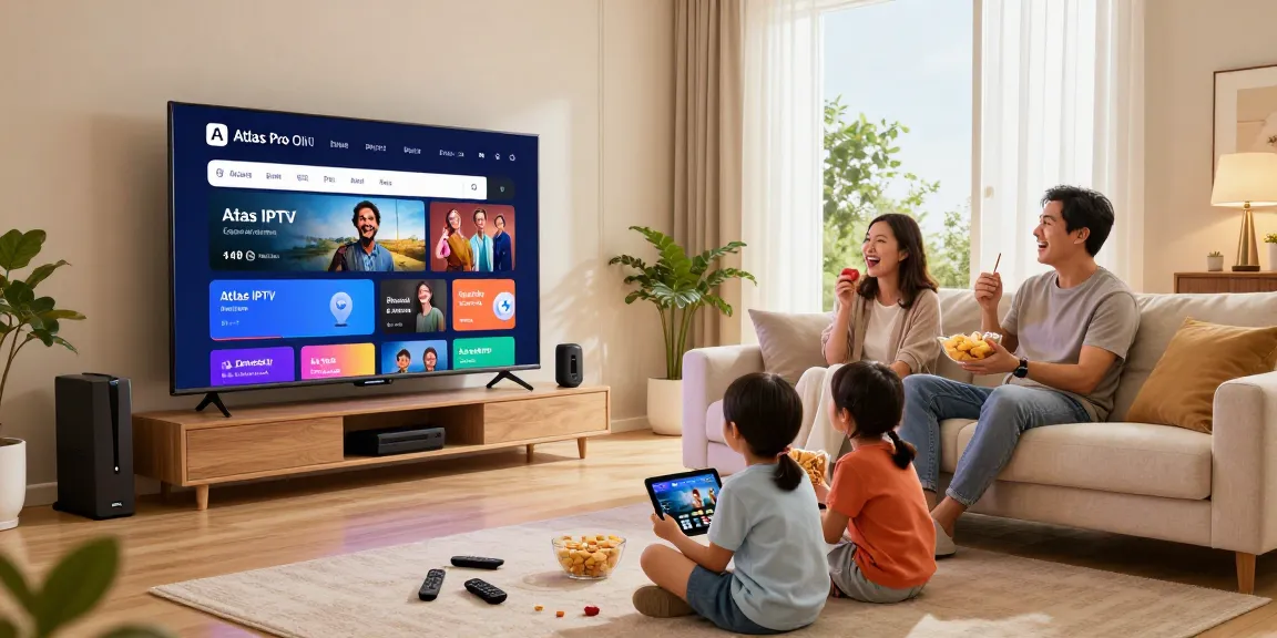 Family streaming content with atlas pro ontv on Smart TV in cozy living room