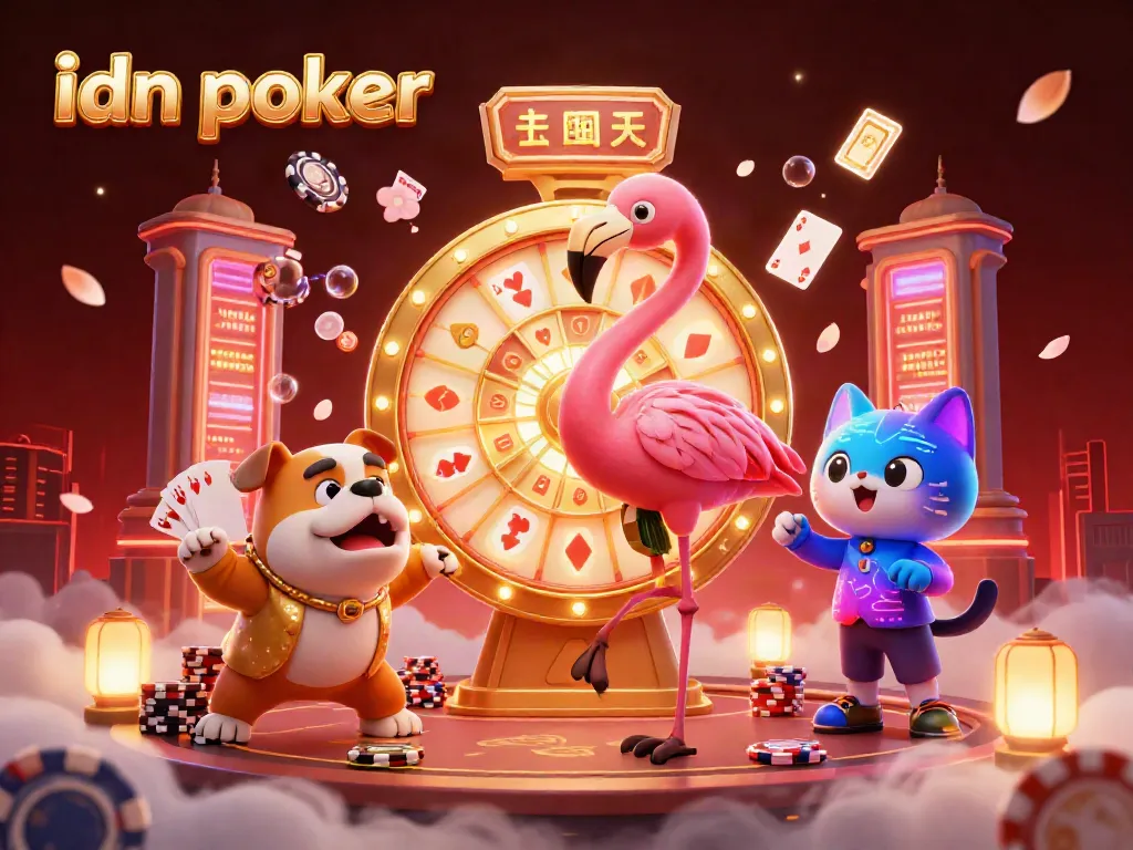 Experience thrilling idn poker action in a vibrant casino scene with animated characters and glowing elements.