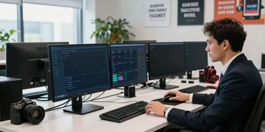 Professional analyzing ahha4d gaming data in a modern office.