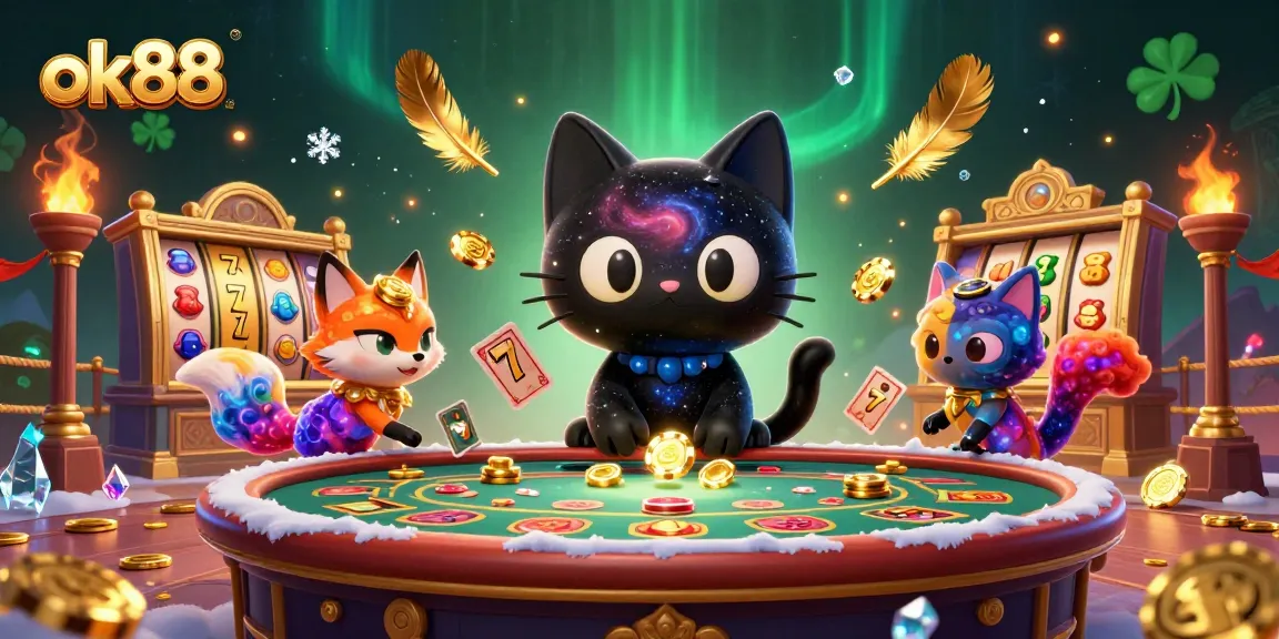 Experience the thrill of ok88 as the black hole cat pulls in chips and cards at a cosmic casino.