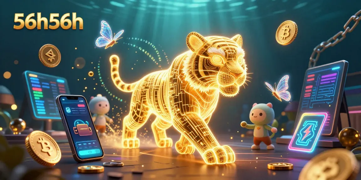 Visualização do cassino digital 56h56h com tigre neon e moedas cripto interativas.