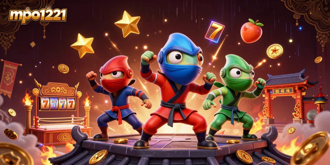 Experience exciting mpo1221 slot action with a dynamic ninja chameleon team surrounded by casino elements.