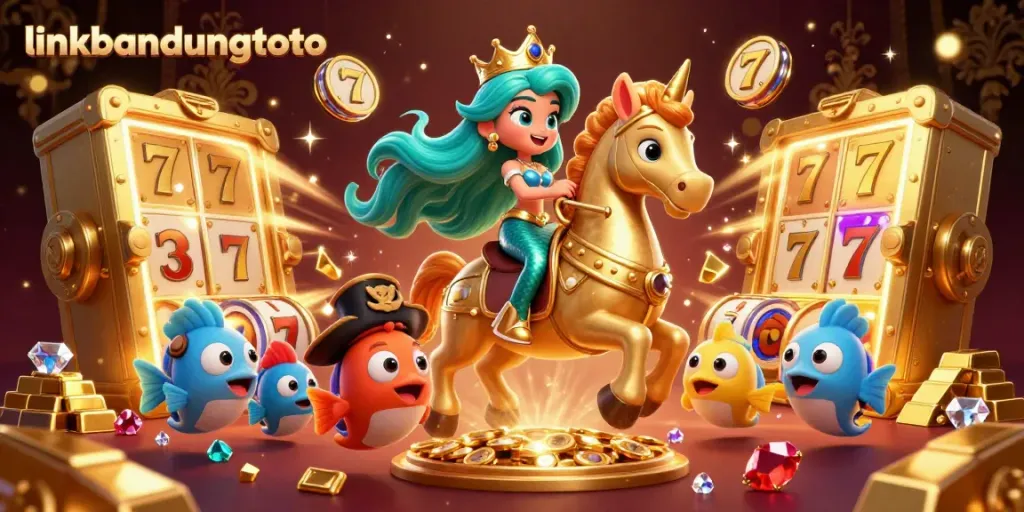 Engage with linkbandungtoto's vibrant online casino scene featuring a mermaid and giant seahorse amidst treasure.