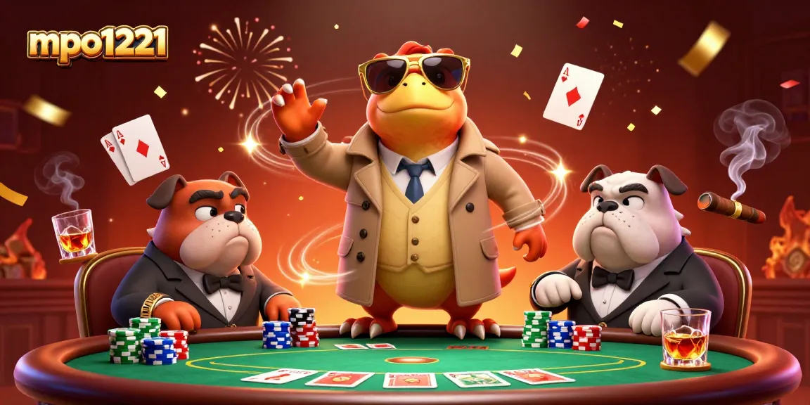 Engage in exciting gameplay with mpo1221 at a vibrant casino featuring 3D raptors in a trench coat.