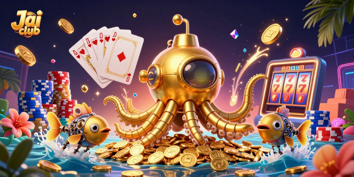 Engage with the Jai club as a golden kraken submarine surfaces amidst cascading coins and winning cards.