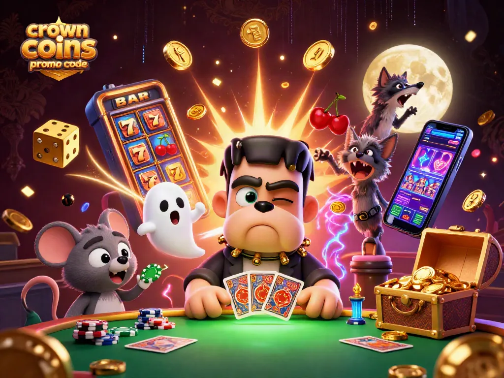 Experience the thrill of crown coins casino promo code with vibrant characters, games, and festive elements in a dynamic scene.