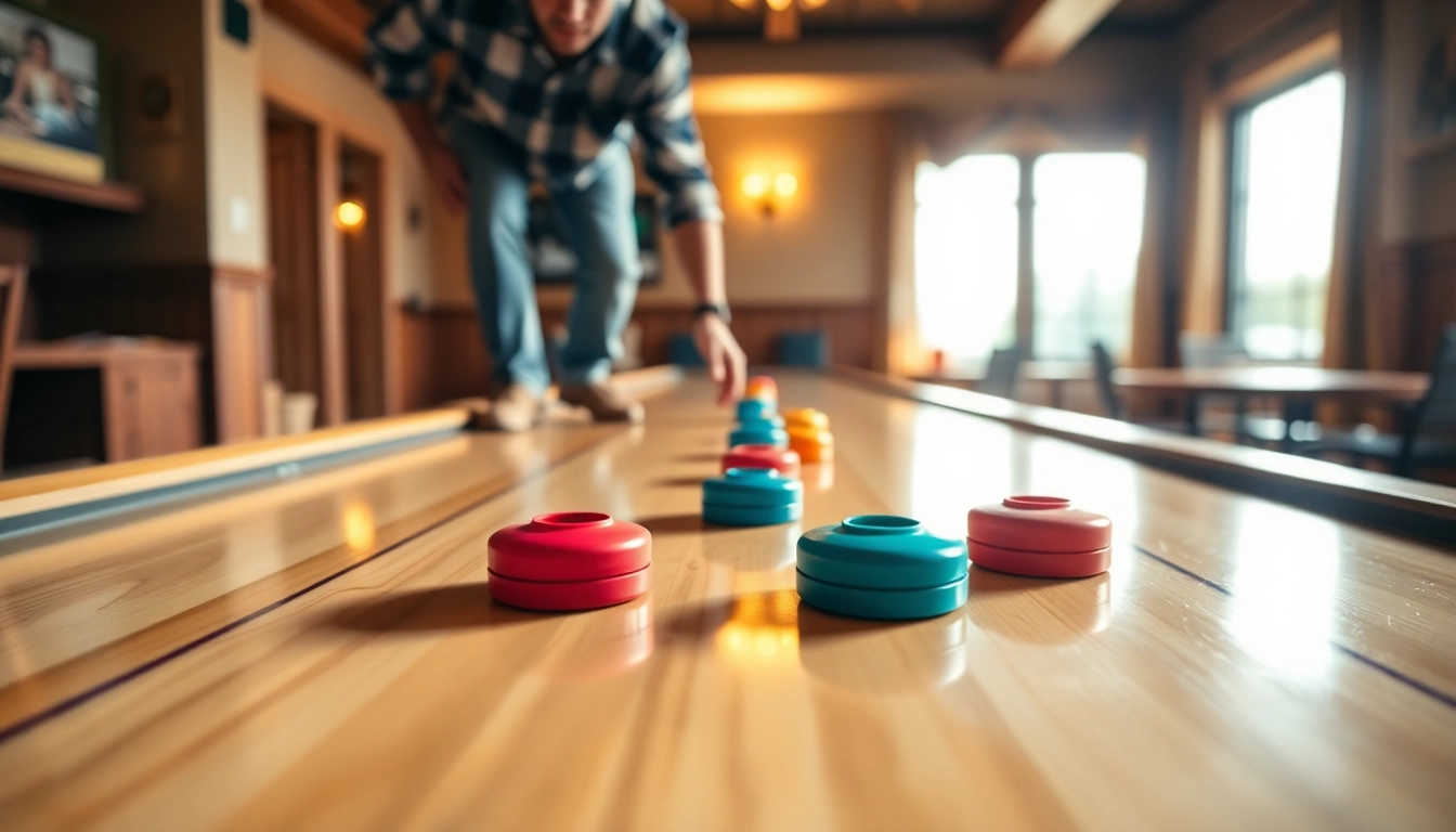 Player demonstrating a Shuffleboard Move on a polished table with colorful pucks.