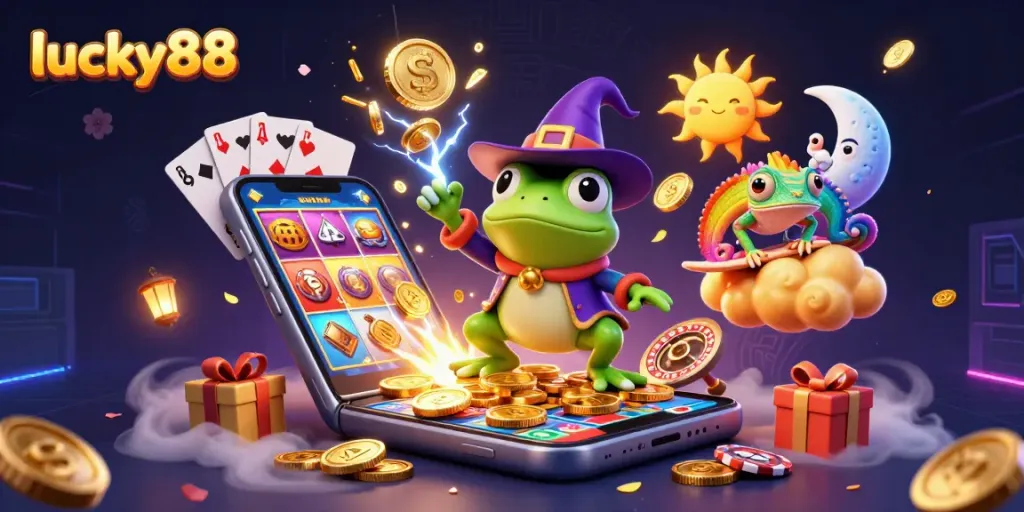 Experience lucky88 with exciting visuals of a 3D casino environment filled with golden coins and gaming elements.