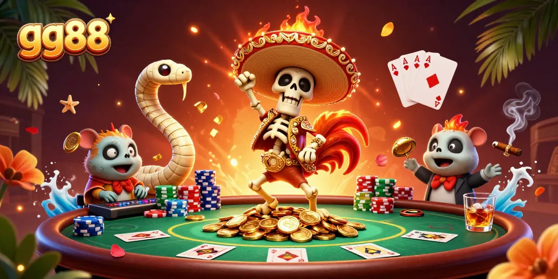 Experience winning moments at gg88 with vibrant 3D casino characters celebrating amidst poker action.
