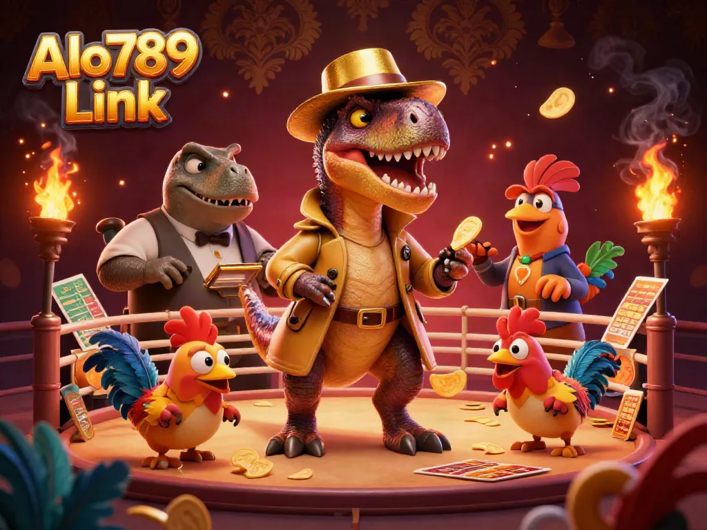 Witness the action-packed scene of cockfighting with Alo789 Link characters amidst betting excitement.